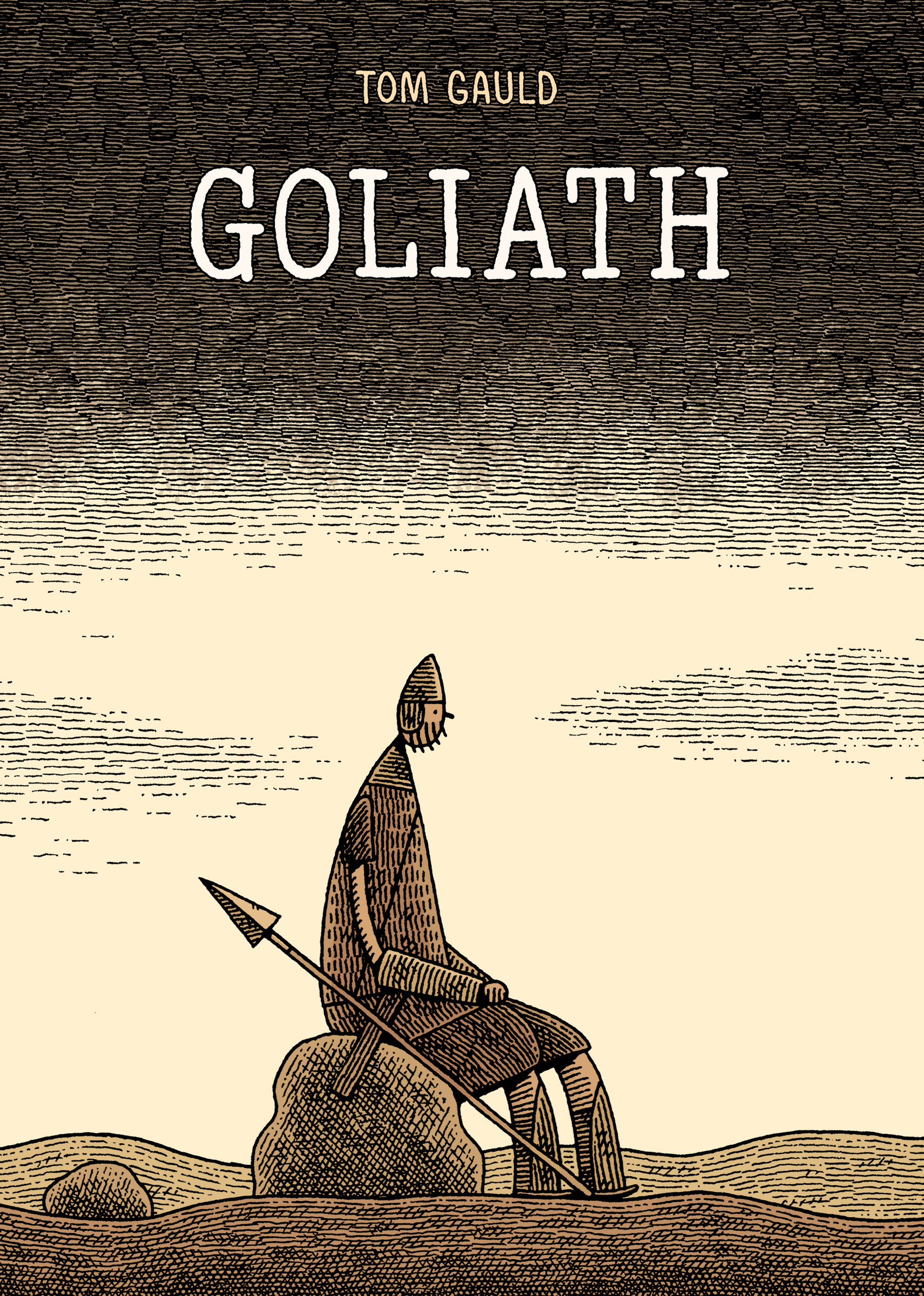 A drawing of Goliath sitting alone on a rock. The image is the cover of the graphic novel Goliath, by Tom Gauld.